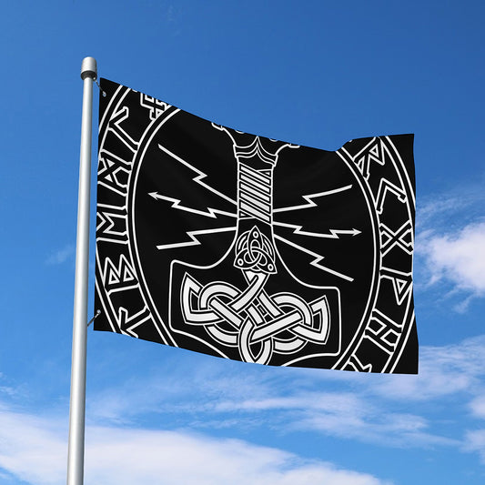 Mjolnir And Younger Futhark Print Polyester Flag