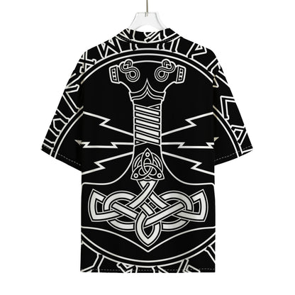 Mjolnir And Younger Futhark Print Rayon Hawaiian Shirt