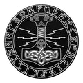 Mjolnir And Younger Futhark Print Round Blanket