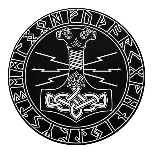 Mjolnir And Younger Futhark Print Round Blanket