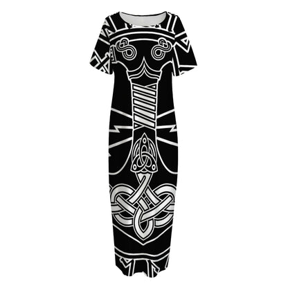 Mjolnir And Younger Futhark Print Short Sleeve Long Nightdress