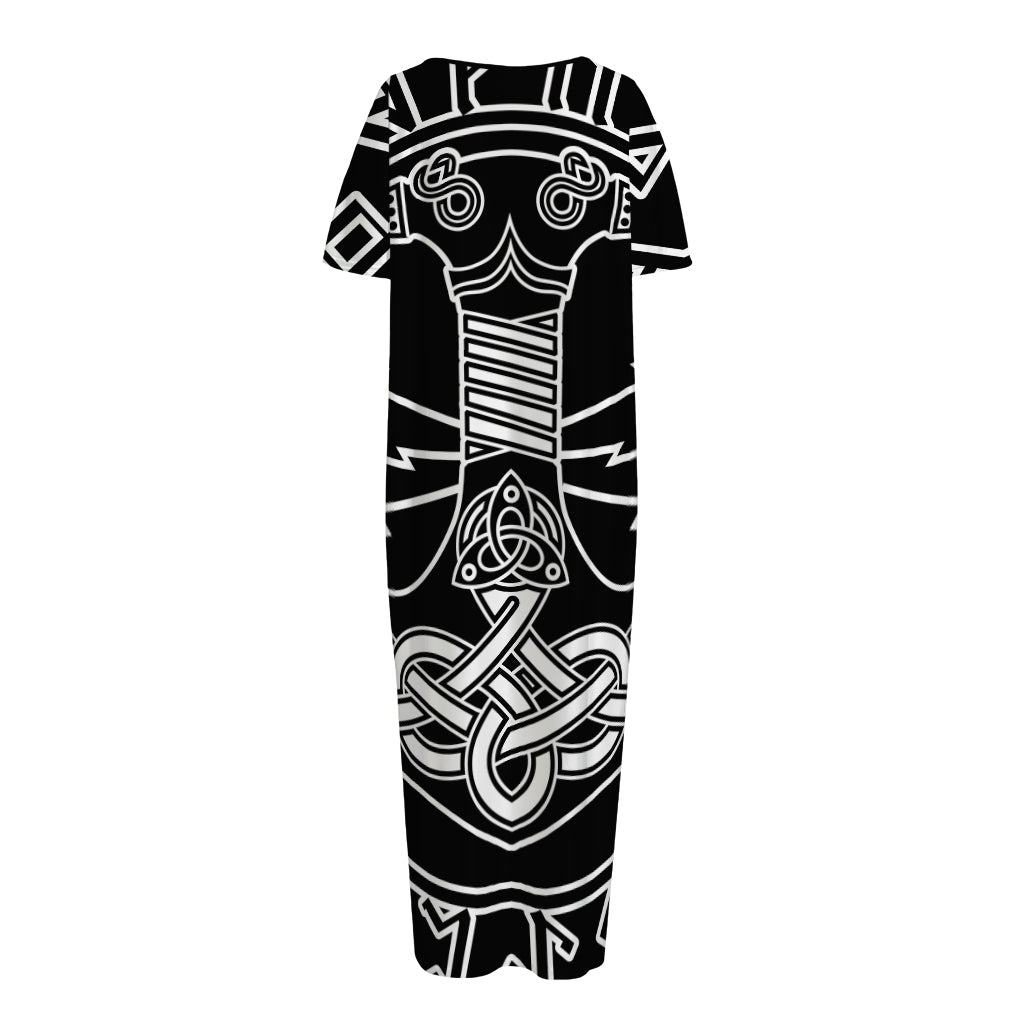 Mjolnir And Younger Futhark Print Short Sleeve Long Nightdress