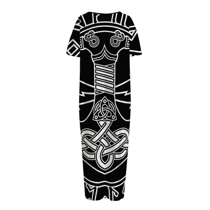 Mjolnir And Younger Futhark Print Short Sleeve Long Nightdress