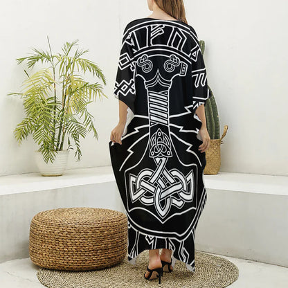 Mjolnir And Younger Futhark Print Silk V-Neck Kaftan Dress