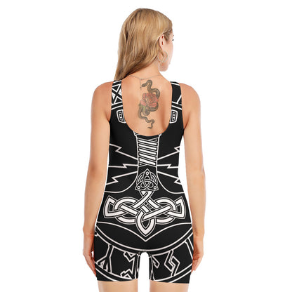 Mjolnir And Younger Futhark Print Sleeveless One Piece Swimsuit