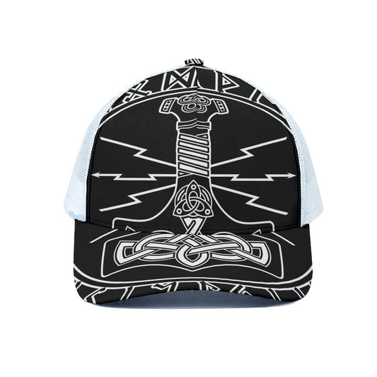 Mjolnir And Younger Futhark Print White Mesh Trucker Cap