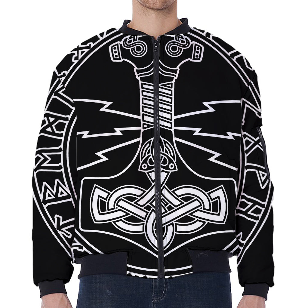 Mjolnir And Younger Futhark Print Zip Sleeve Bomber Jacket