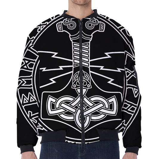 Mjolnir And Younger Futhark Print Zip Sleeve Bomber Jacket