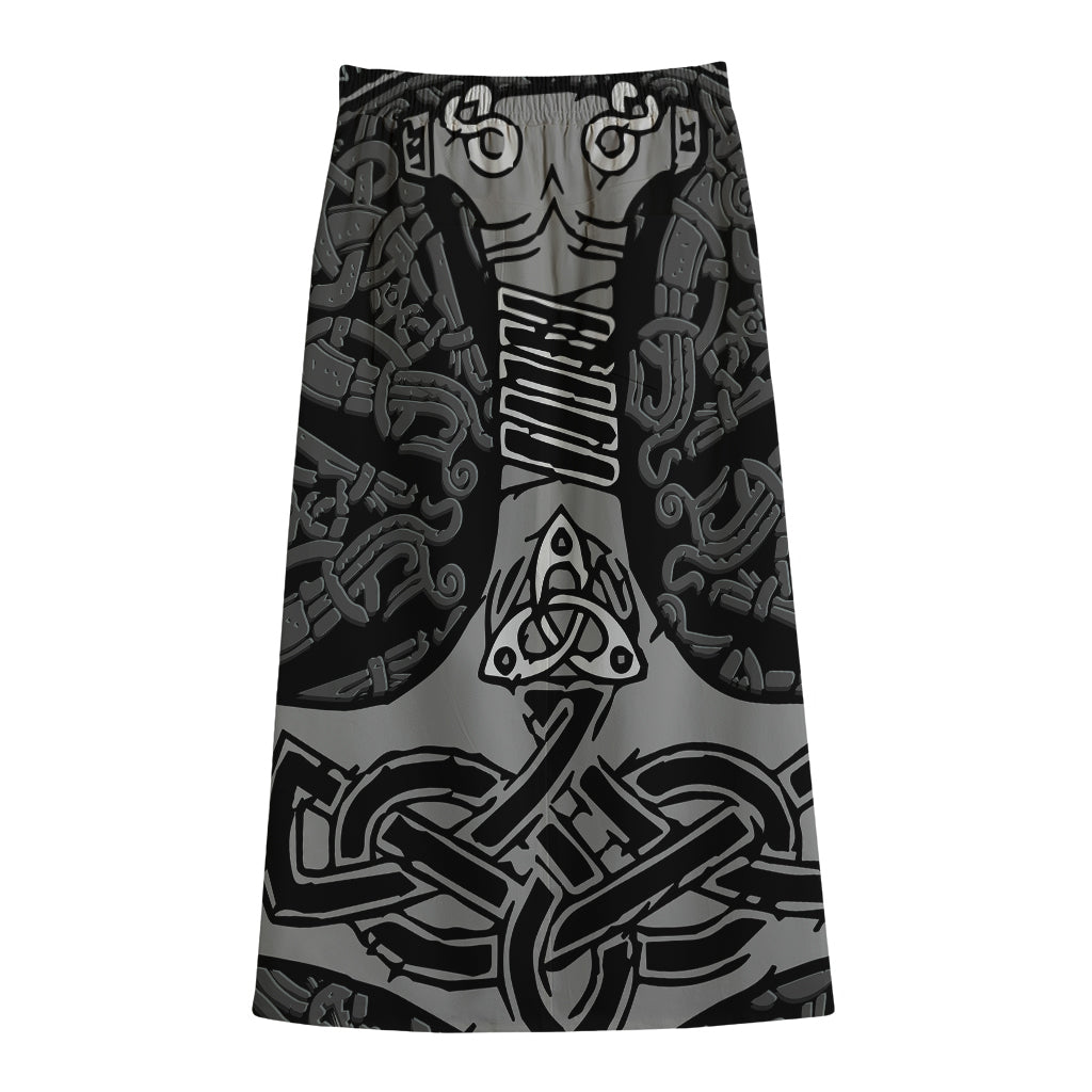Mjolnir Hammer Of Thor Print Cotton Front Slit Maxi Skirt