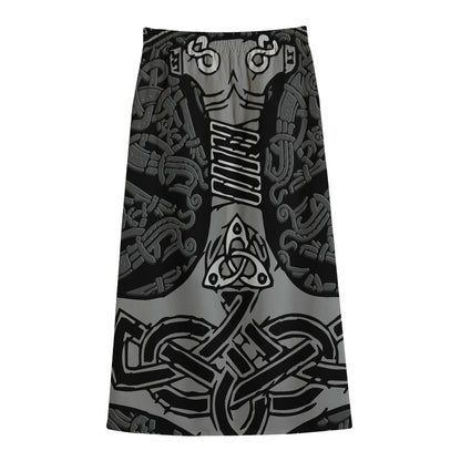 Mjolnir Hammer Of Thor Print Cotton Front Slit Maxi Skirt