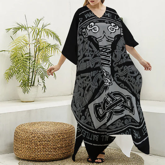 Mjolnir Hammer Of Thor Print Silk V-Neck Kaftan Dress
