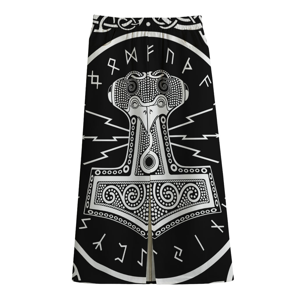 Mjolnir Norse Mythology Print Cotton Front Slit Maxi Skirt