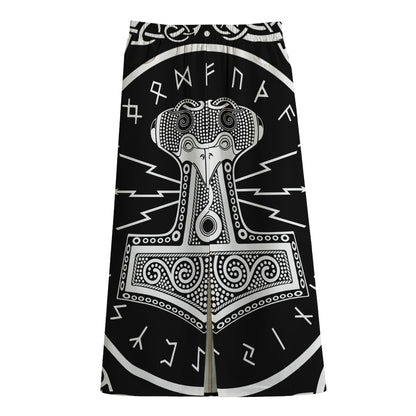 Mjolnir Norse Mythology Print Cotton Front Slit Maxi Skirt