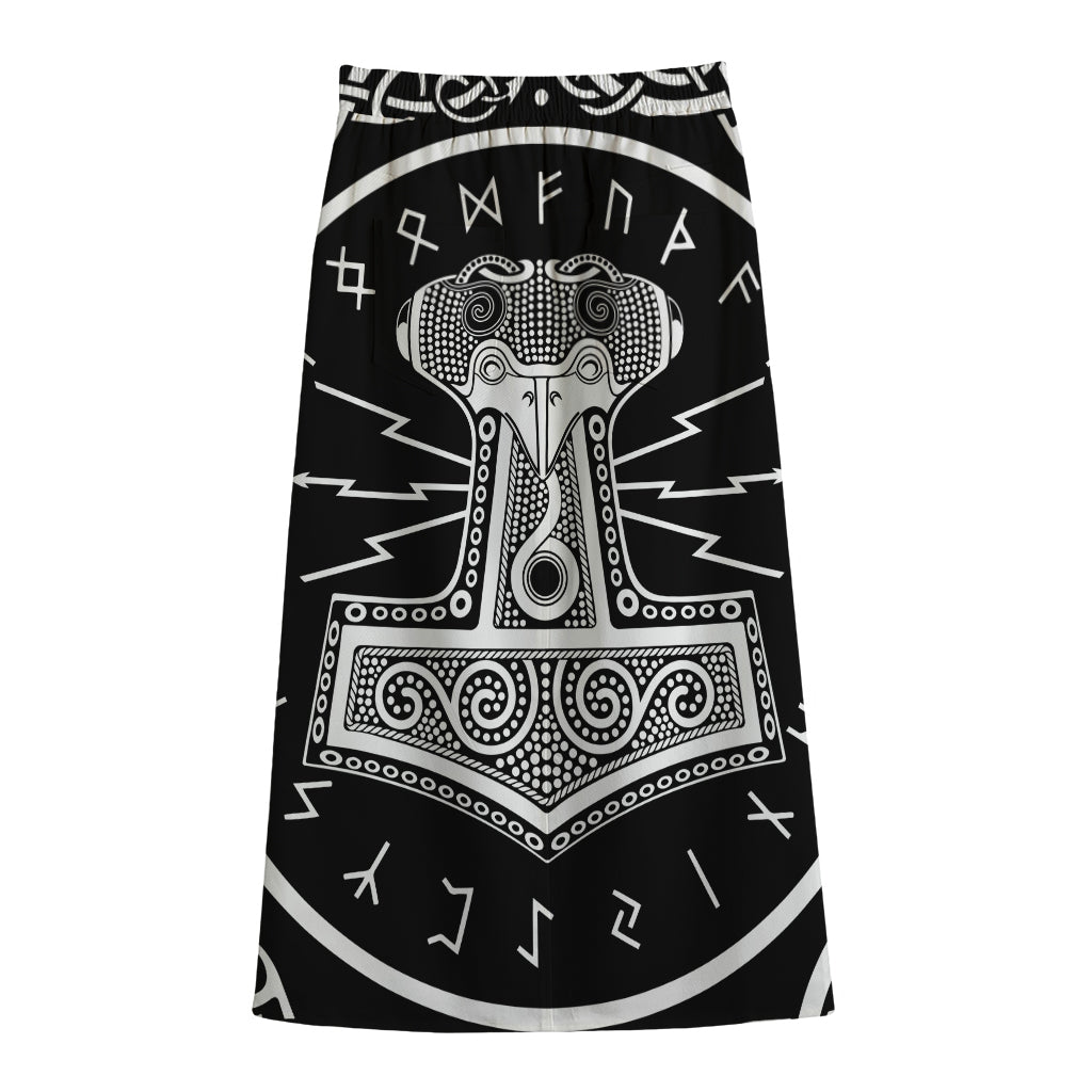 Mjolnir Norse Mythology Print Cotton Front Slit Maxi Skirt