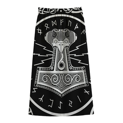 Mjolnir Norse Mythology Print Cotton Front Slit Maxi Skirt