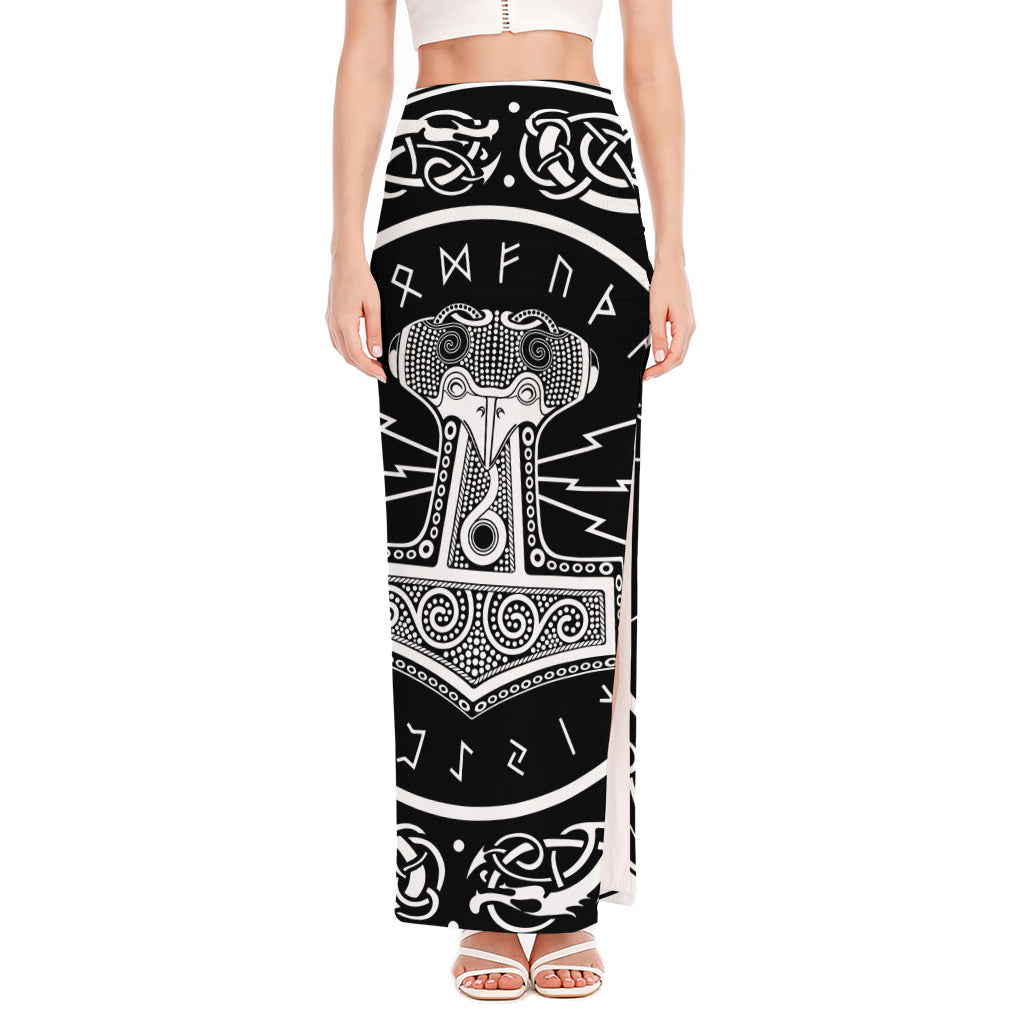 Mjolnir Norse Mythology Print High Slit Maxi Skirt