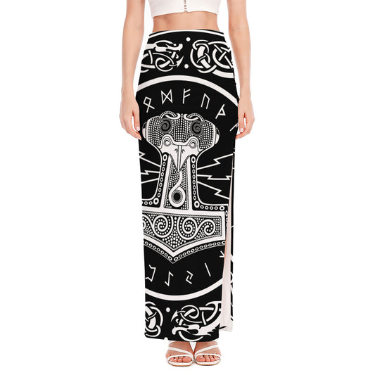 Mjolnir Norse Mythology Print High Slit Maxi Skirt