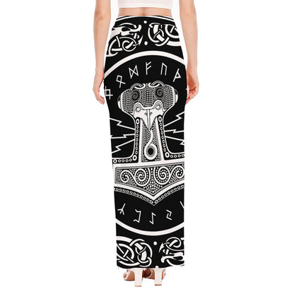 Mjolnir Norse Mythology Print High Slit Maxi Skirt