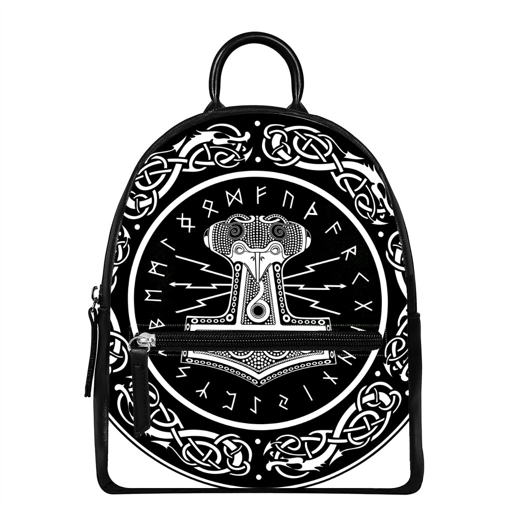 Mjolnir Norse Mythology Print Leather Backpack
