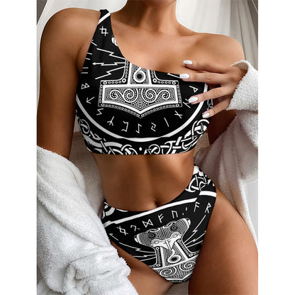 Mjolnir Norse Mythology Print One Shoulder Bikini Top