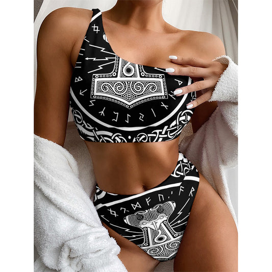 Mjolnir Norse Mythology Print One Shoulder Bikini Top