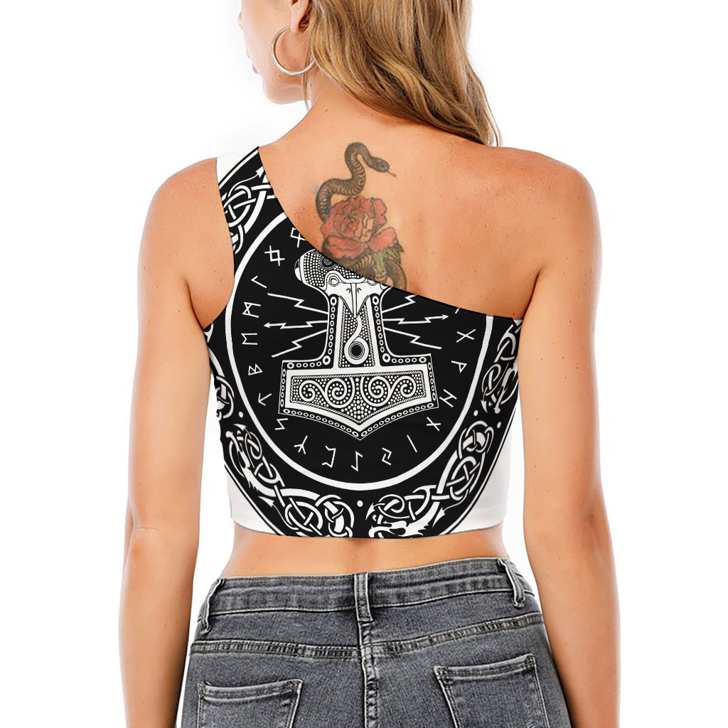 Mjolnir Norse Mythology Print One Shoulder Crop Top