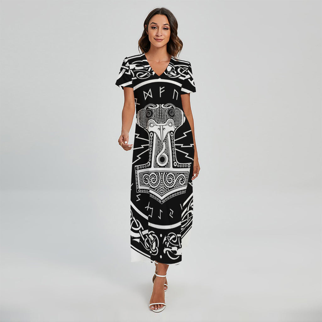 Mjolnir Norse Mythology Print Short Sleeve Maxi Dress