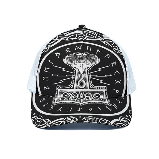 Mjolnir Norse Mythology Print White Mesh Trucker Cap
