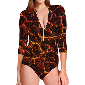 Molten Lava Print Long Sleeve Swimsuit