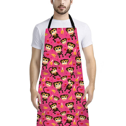Monkey And Banana Pattern Print Bib Apron With Pocket