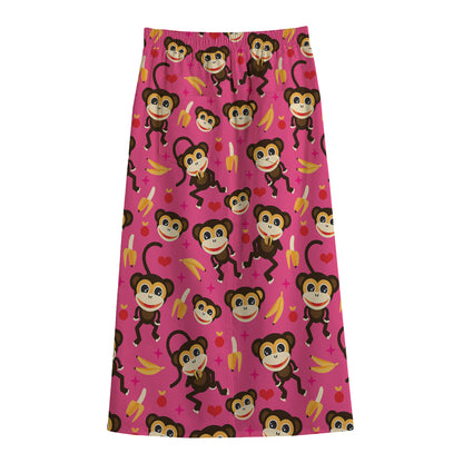 Monkey And Banana Pattern Print Cotton Front Slit Maxi Skirt