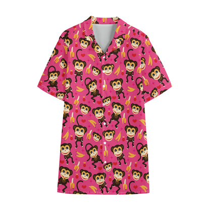 Monkey And Banana Pattern Print Cotton Hawaiian Shirt