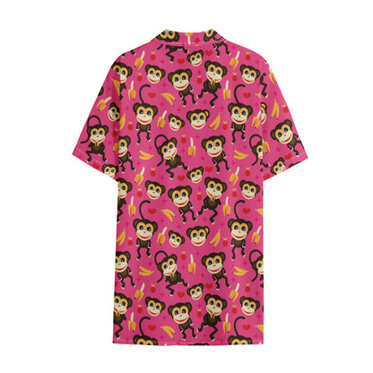 Monkey And Banana Pattern Print Cotton Hawaiian Shirt