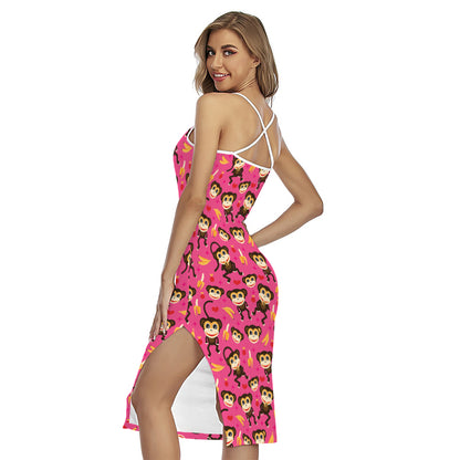 Monkey And Banana Pattern Print Cross Back Cami Dress