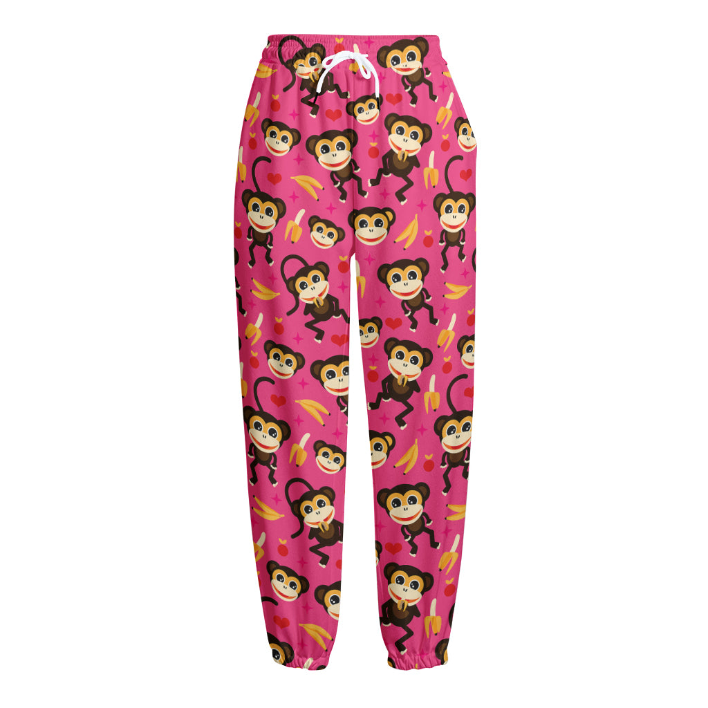 Monkey And Banana Pattern Print Fleece Lined Knit Pants