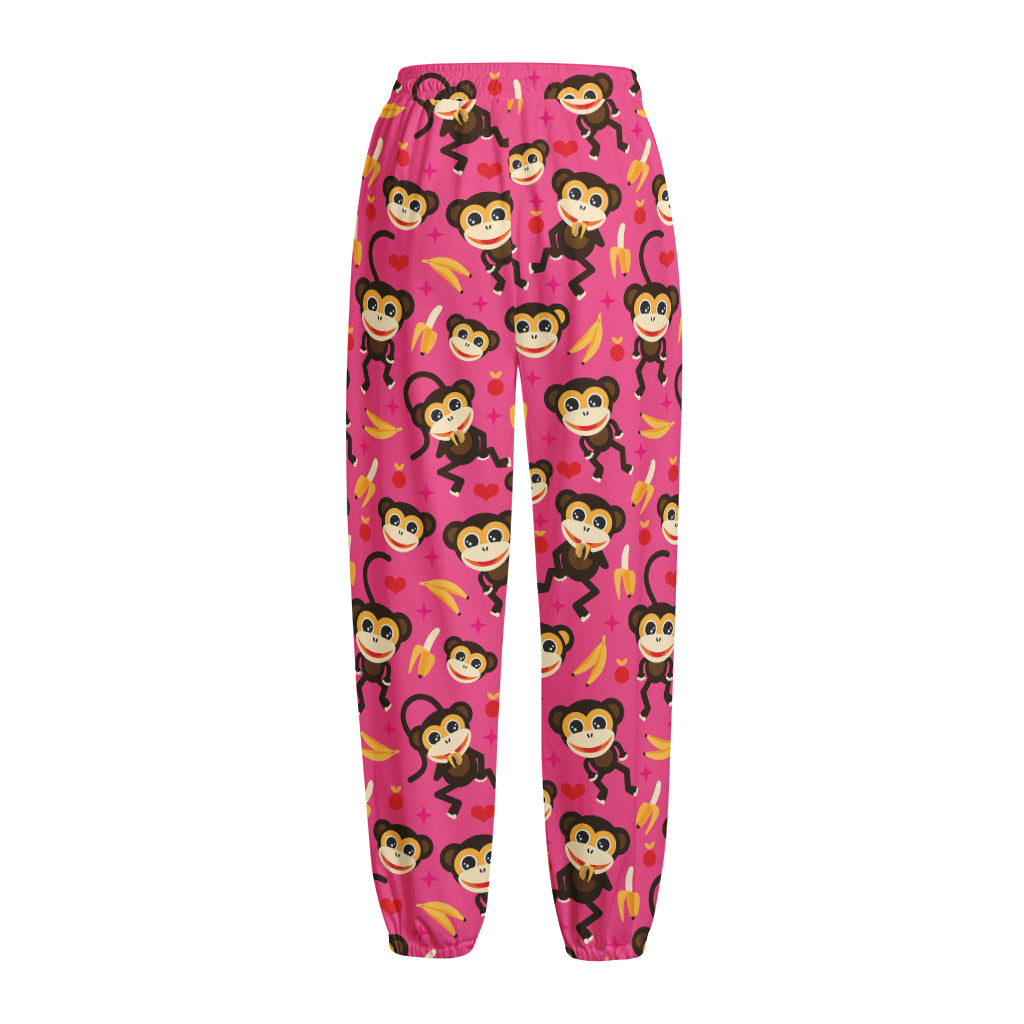 Monkey And Banana Pattern Print Fleece Lined Knit Pants