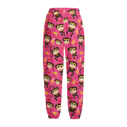 Monkey And Banana Pattern Print Fleece Lined Knit Pants