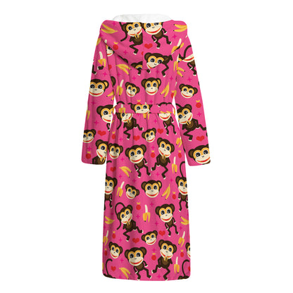 Monkey And Banana Pattern Print Hooded Bathrobe