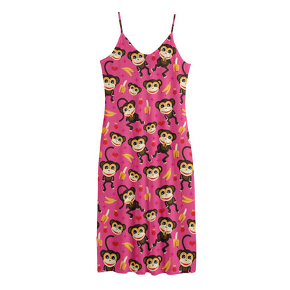 Monkey And Banana Pattern Print Jersey Midi Cami Dress