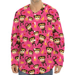 Monkey And Banana Pattern Print Long Sleeve Baseball Jersey