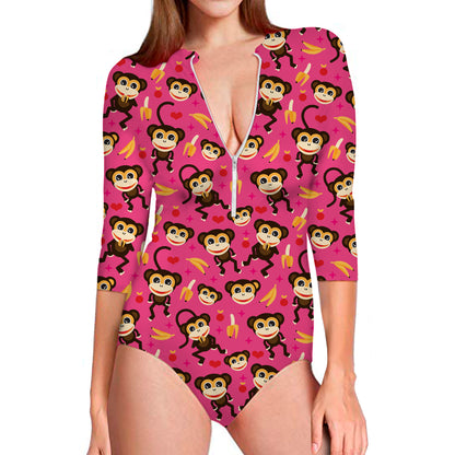 Monkey And Banana Pattern Print Long Sleeve Swimsuit