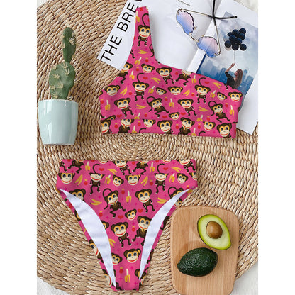 Monkey And Banana Pattern Print One Shoulder Bikini Top