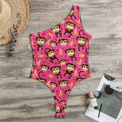 Monkey And Banana Pattern Print One Shoulder Bodysuit