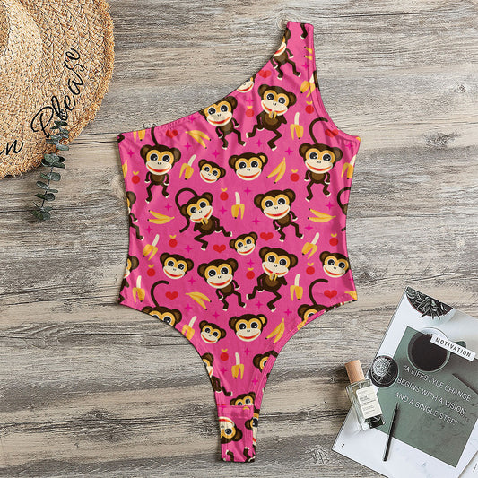 Monkey And Banana Pattern Print One Shoulder Bodysuit