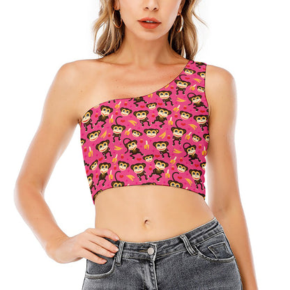 Monkey And Banana Pattern Print One Shoulder Crop Top