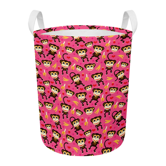 Monkey And Banana Pattern Print Round Laundry Basket