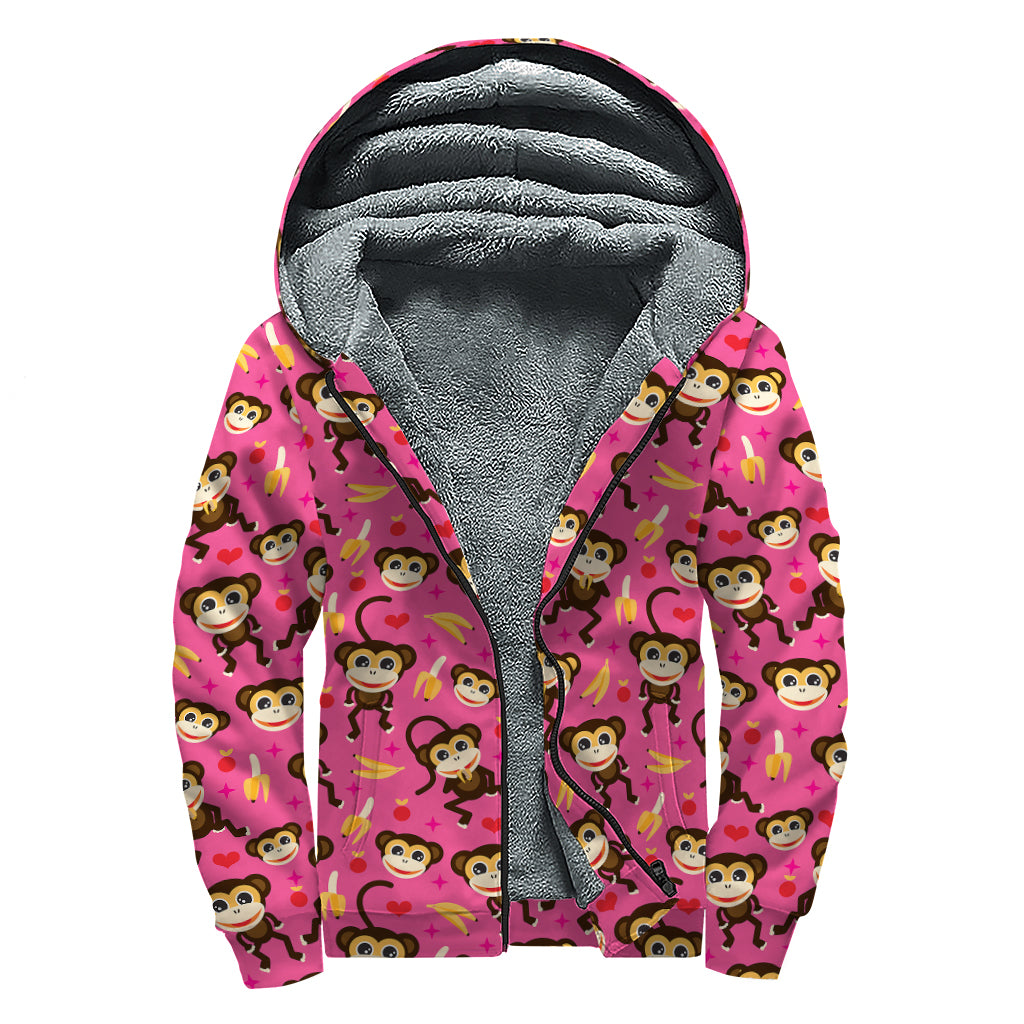 Monkey And Banana Pattern Print Sherpa Lined Zip Up Hoodie