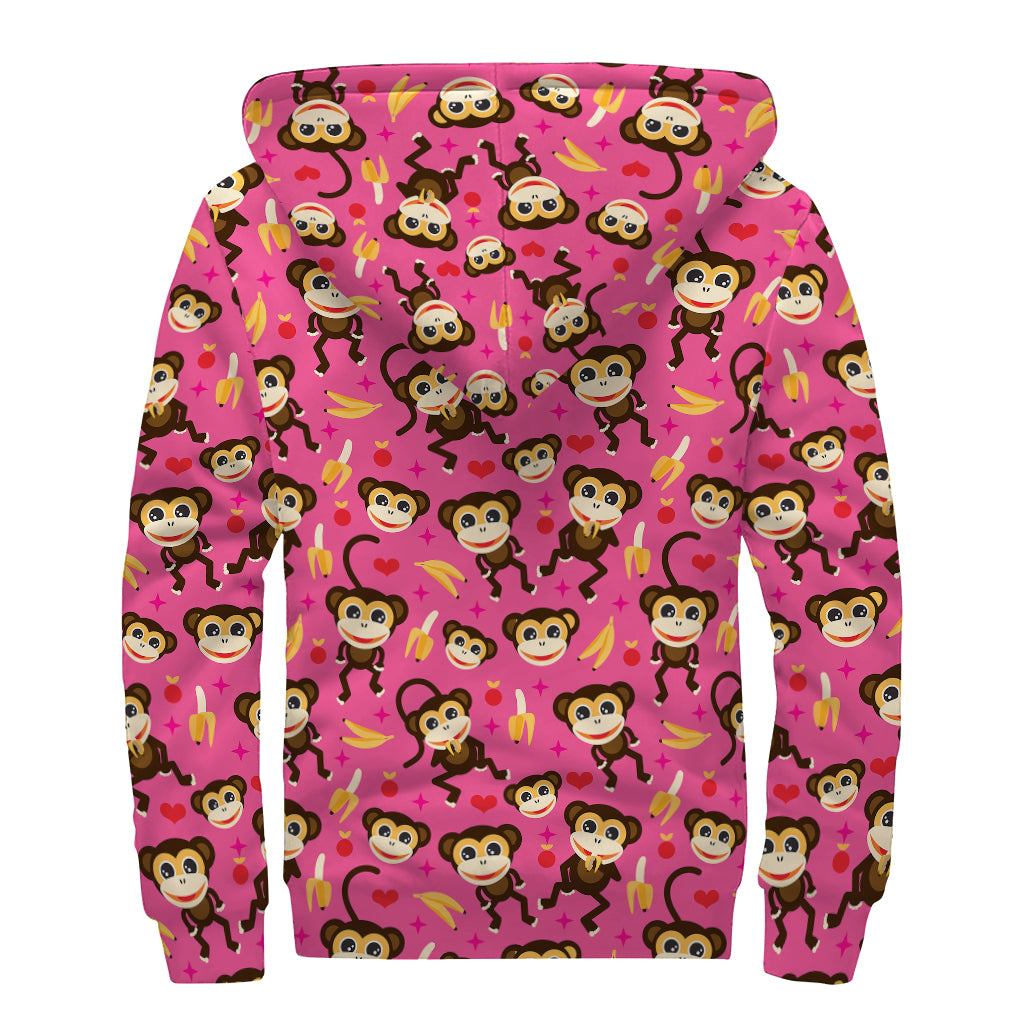 Monkey And Banana Pattern Print Sherpa Lined Zip Up Hoodie
