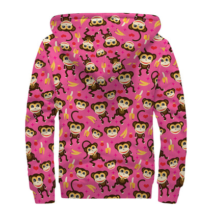 Monkey And Banana Pattern Print Sherpa Lined Zip Up Hoodie