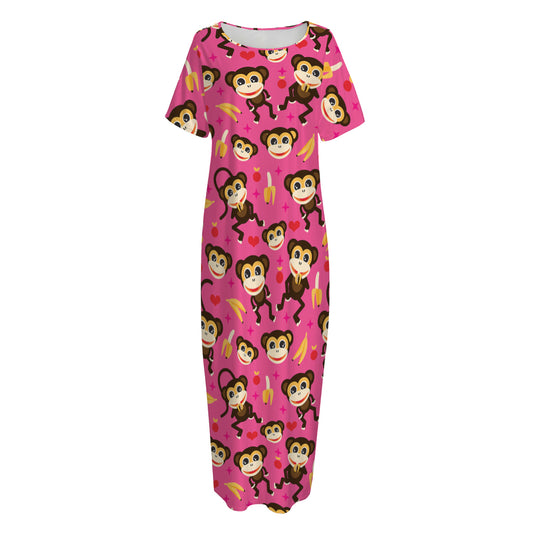 Monkey And Banana Pattern Print Short Sleeve Long Nightdress
